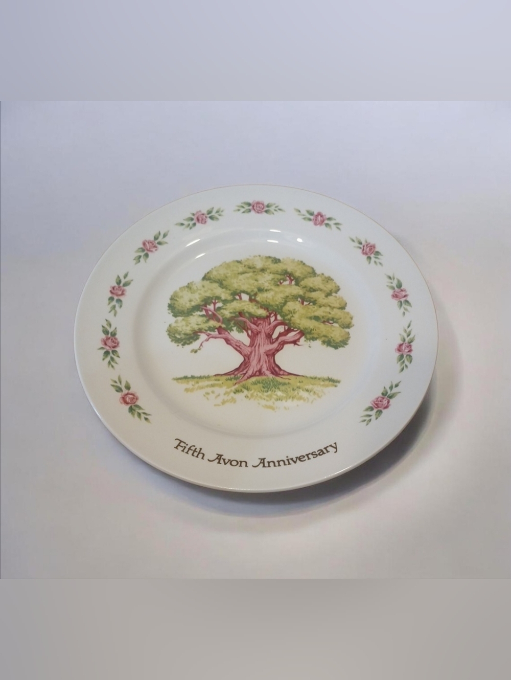 Avon White Plate with Green Tree & Pink Rose Border